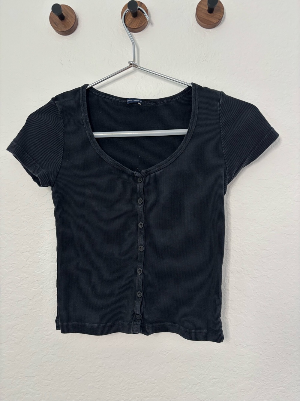 Brandy Melville Black Ribbed Button Front Short Sleeve Top One Size